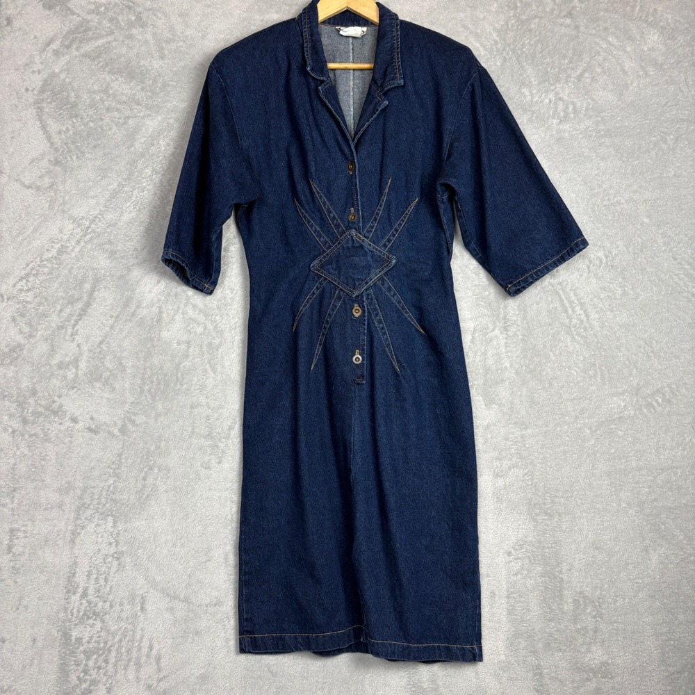 Vintage Sensations Denim Jean Midi Dress Button Front Elastic Waist 6 Whimsigoth